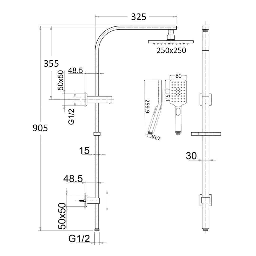 BELLA VISTA Square Shower Head and Rail